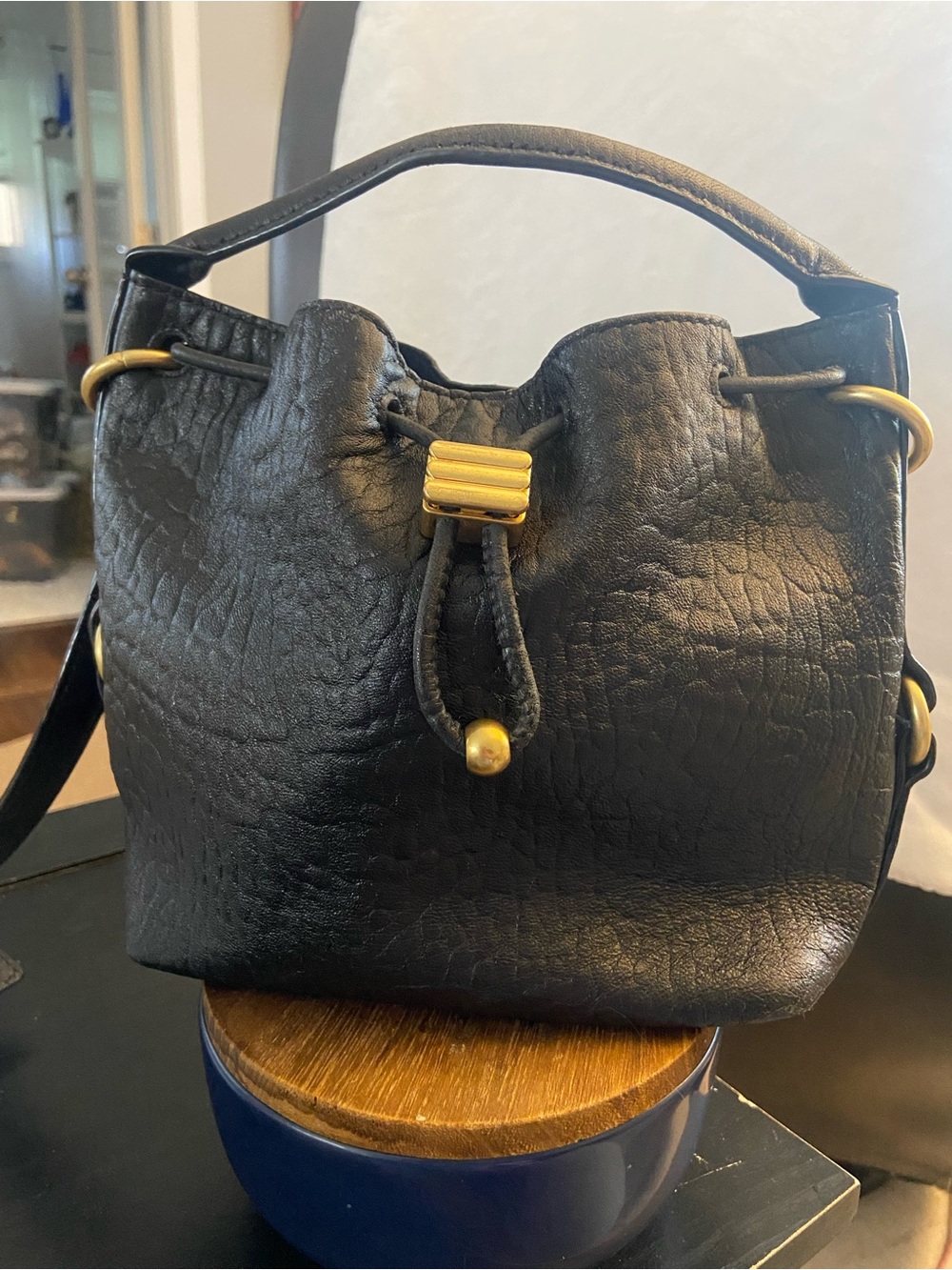 Vince Camuto Black Leather Drawstring Bucket Bag with Gold Accent